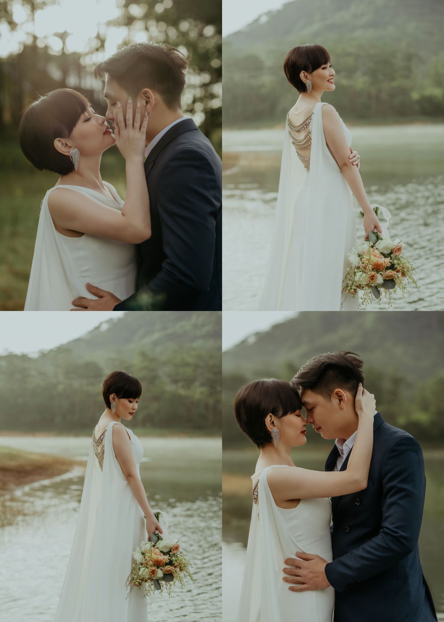 Romantic outdoor wedding photography in muted tones by a lake with mountains, featuring a simple white gown and bouquet.
