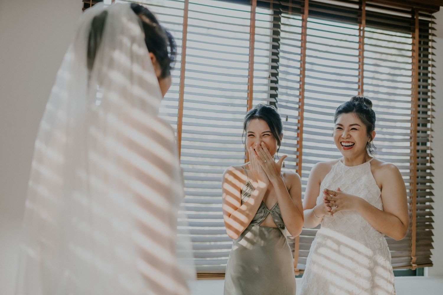 Emotional reactions to seeing wedding dress during pre-ceremony preparations.