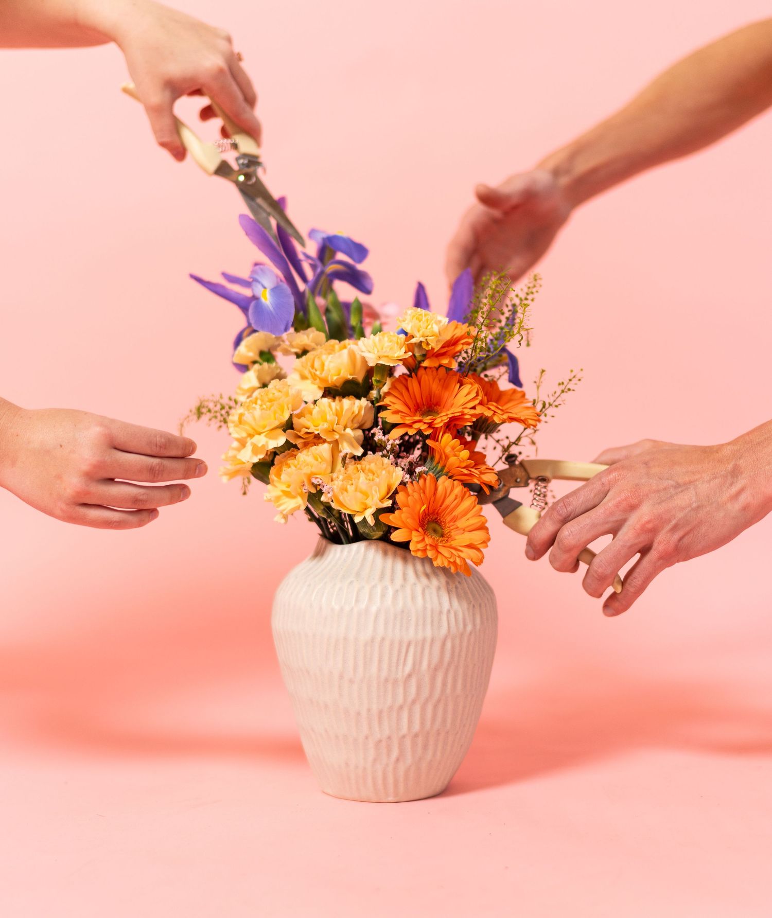 Hands arranging colorful flowers in a textured white ceramic vase against a pink backdrop.