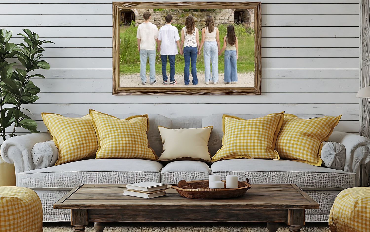 Modern living room with gray sofa and yellow accent pillows featuring family photos of kids facing away holding hands.