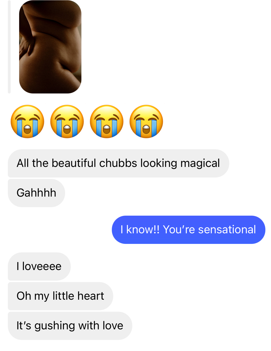 Text message conversation with crying emojis expressing joy and appreciation.