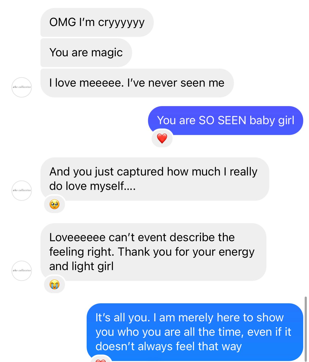 Mobile chat showing heartfelt exchange about self-love and personal growth.