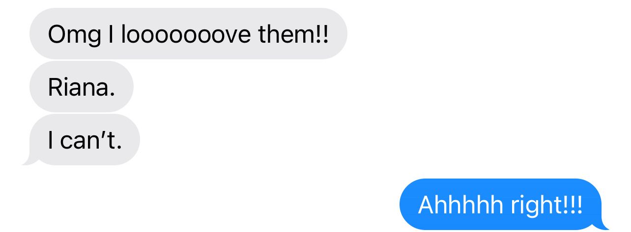 Text message conversation showing excitement and reactions between people.