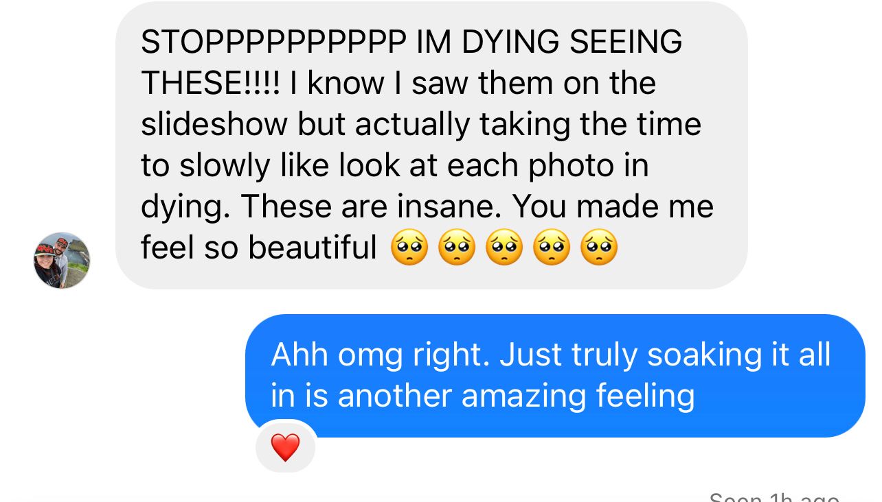 Screenshot of enthusiastic messages expressing excitement about viewing a photo slideshow.