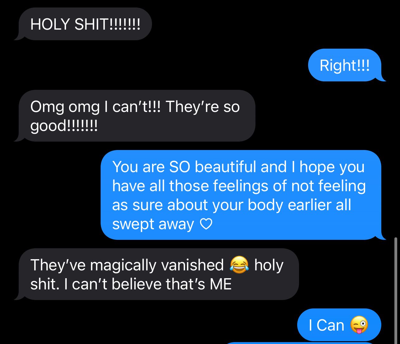 Screenshot of excited text messages discussing photo results with positive feedback.