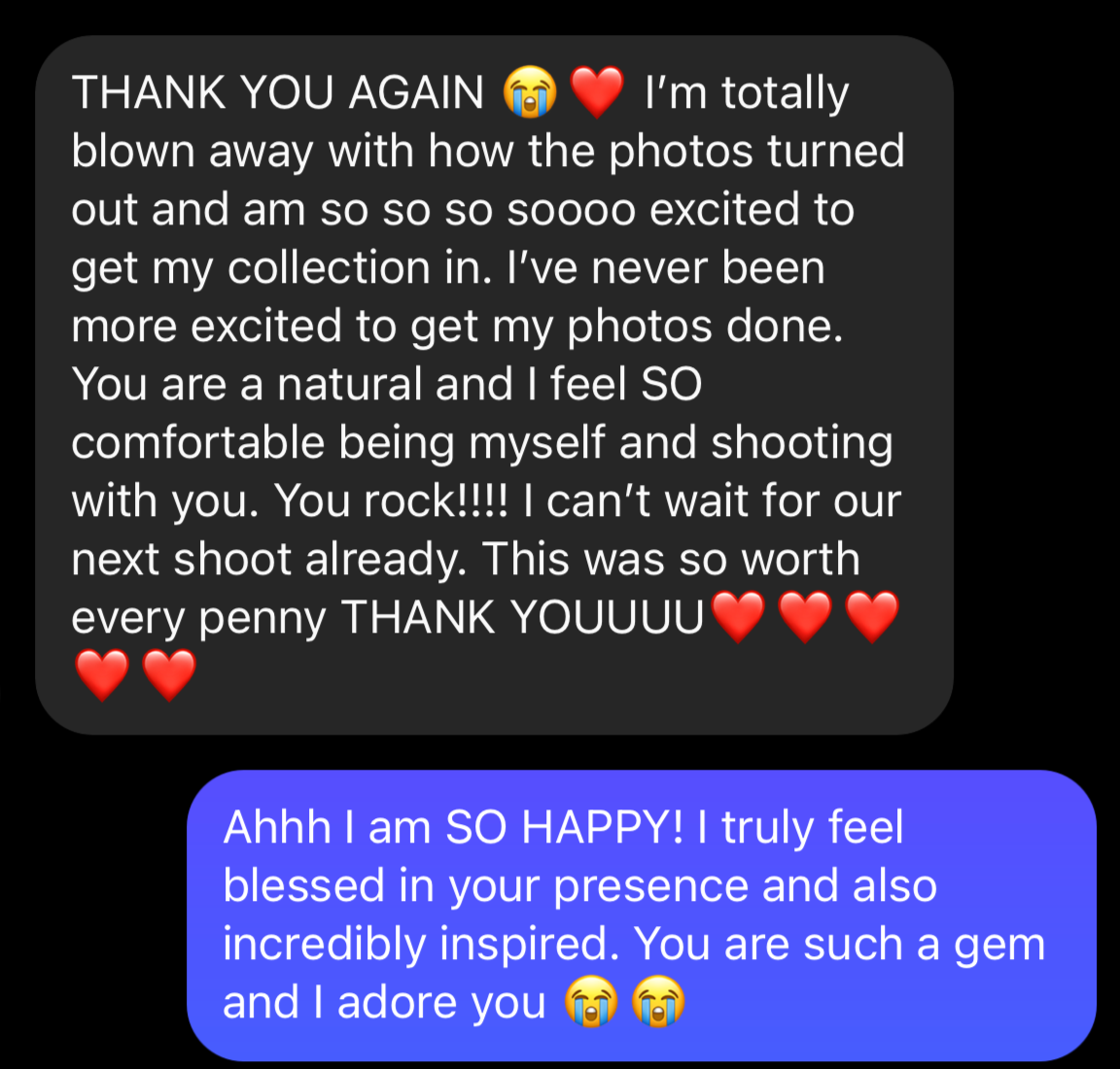 Text message exchange showing enthusiastic praise and gratitude for photo session results.