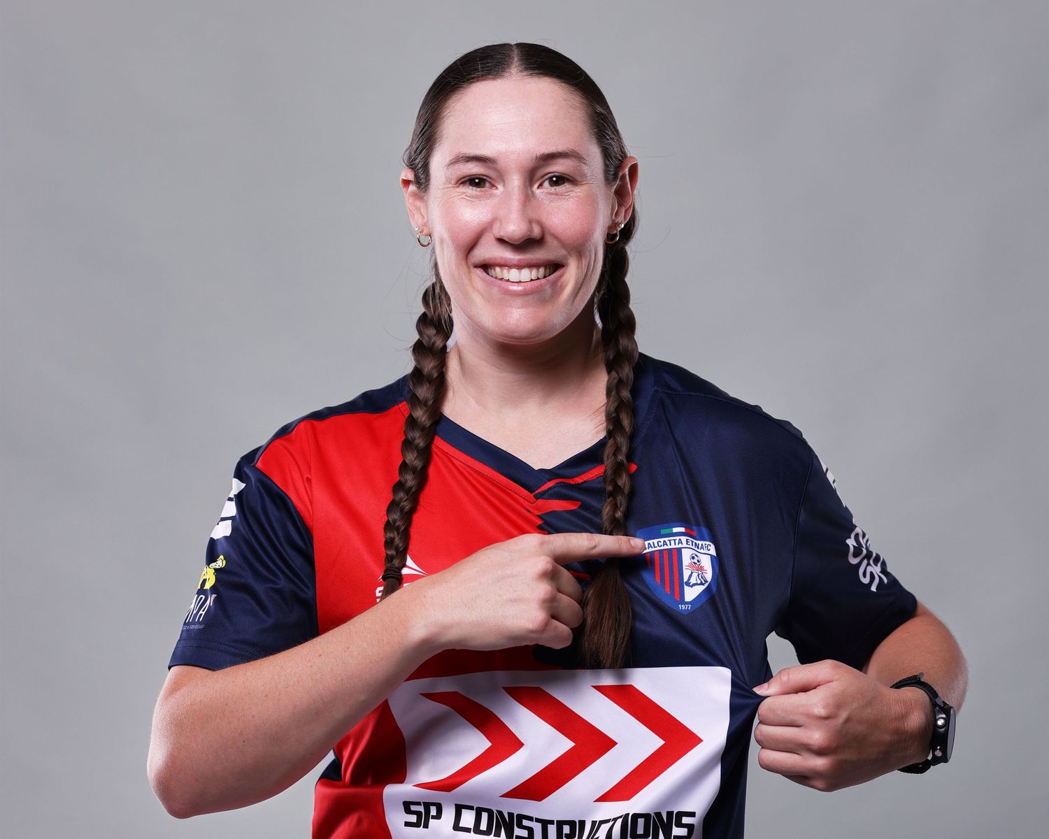 A series of athletic portrait photos showing softball players in navy and red uniforms with braided hair.
