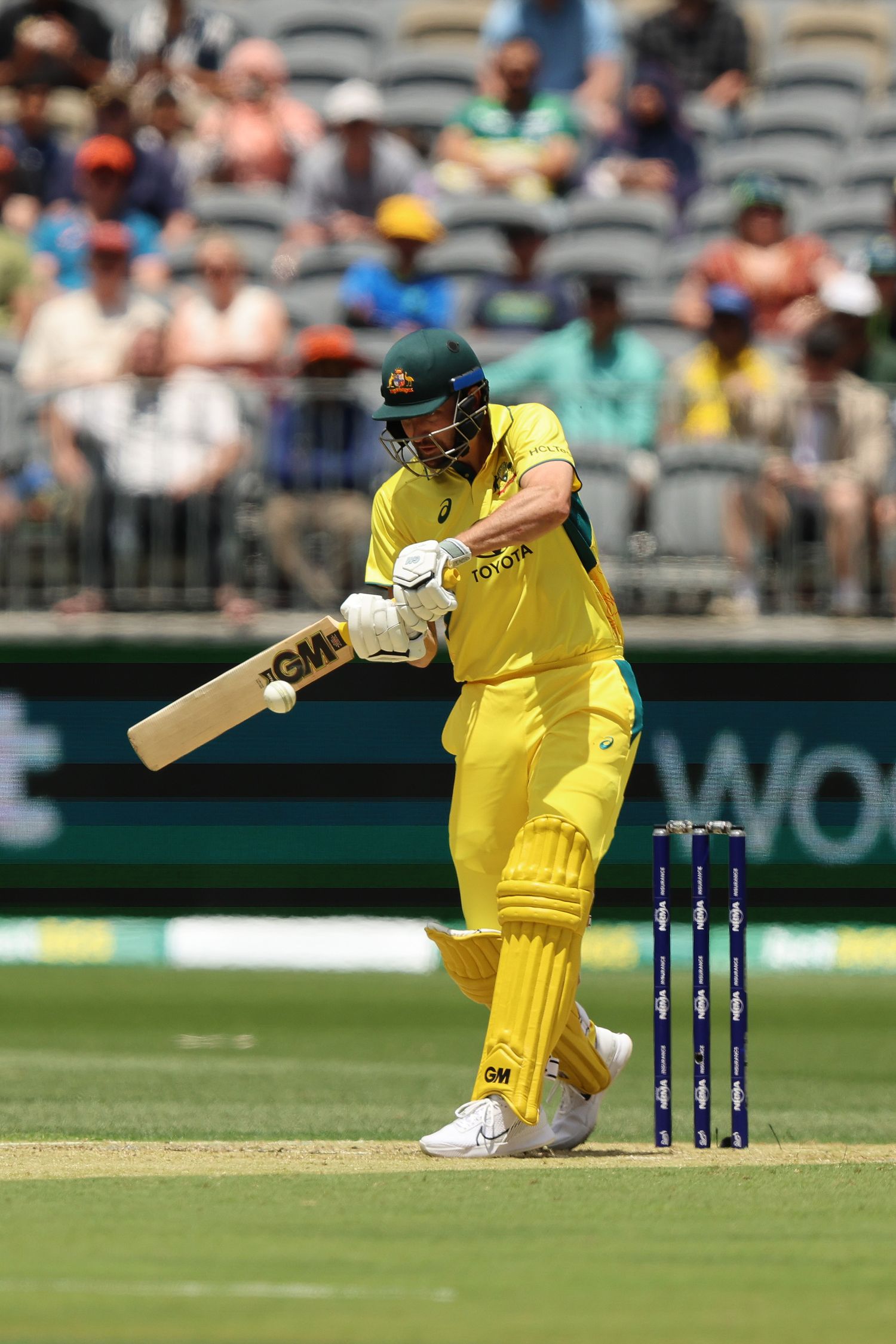 Australian cricket batsman plays a defensive shot while wearing the yellow national team uniform during a match.