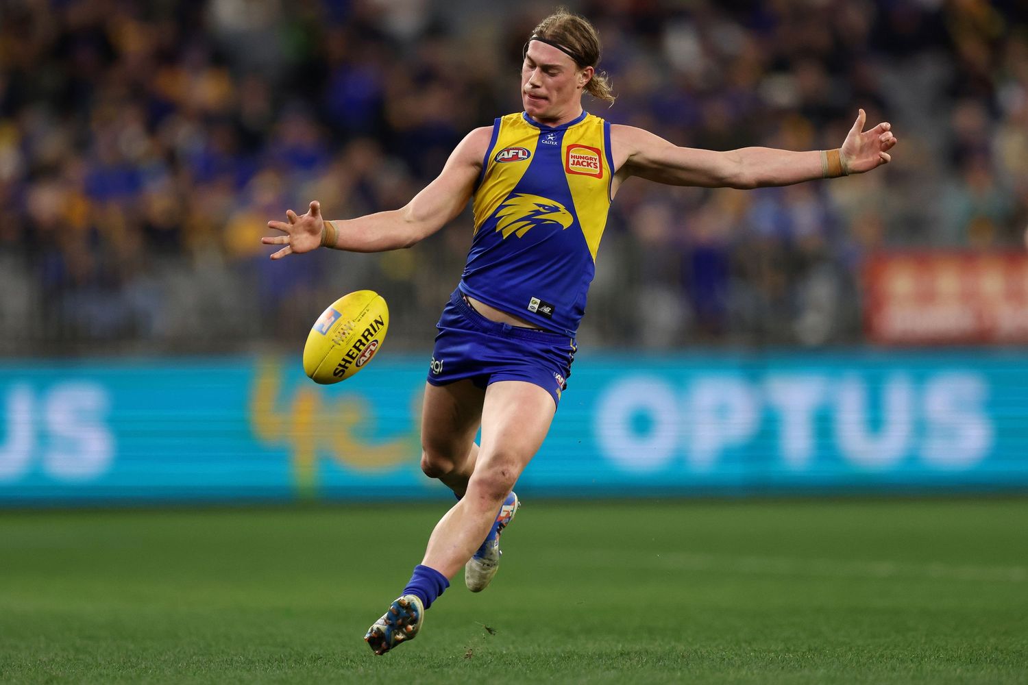 AFL player takes a spectacular mark during a match with the oval shaped football ball visible in their grasp.