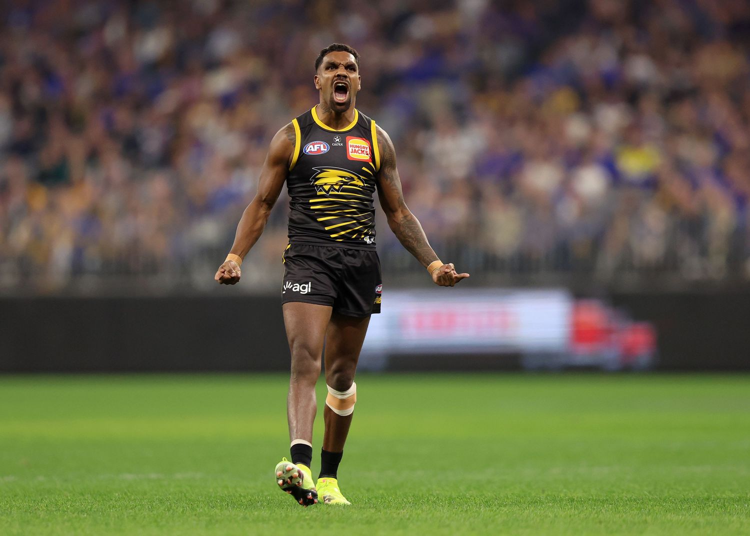 AFL player in yellow and black Richmond Tigers uniform celebrates emotionally during a match at the MCG stadium.