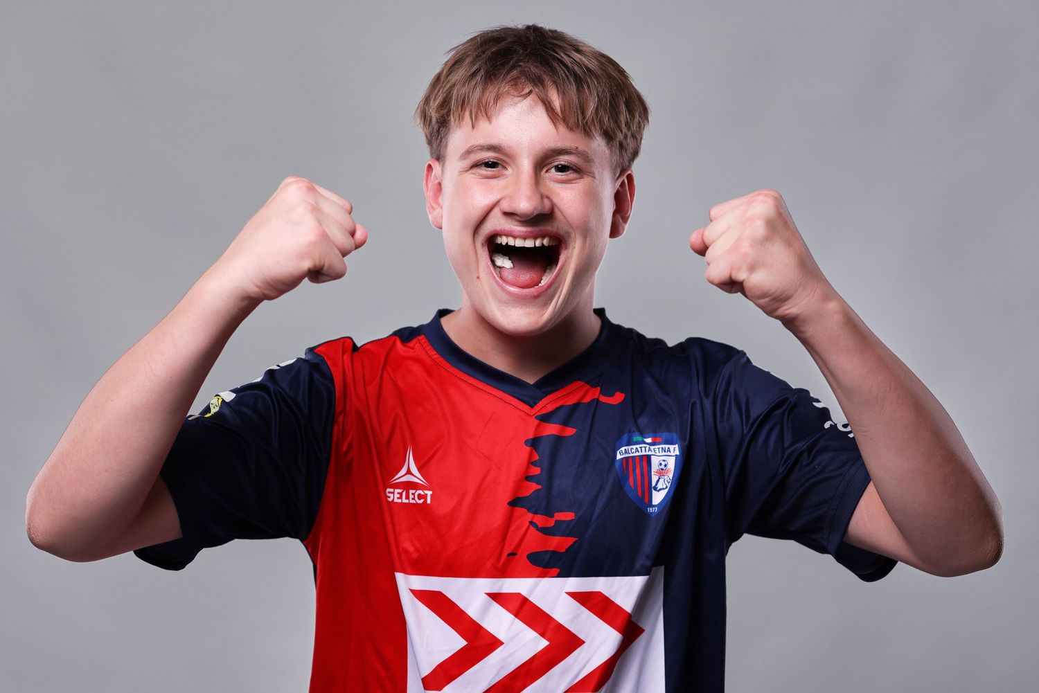 A series of four connected photos showing someone in red and blue athletic wear expressing joyful emotions.