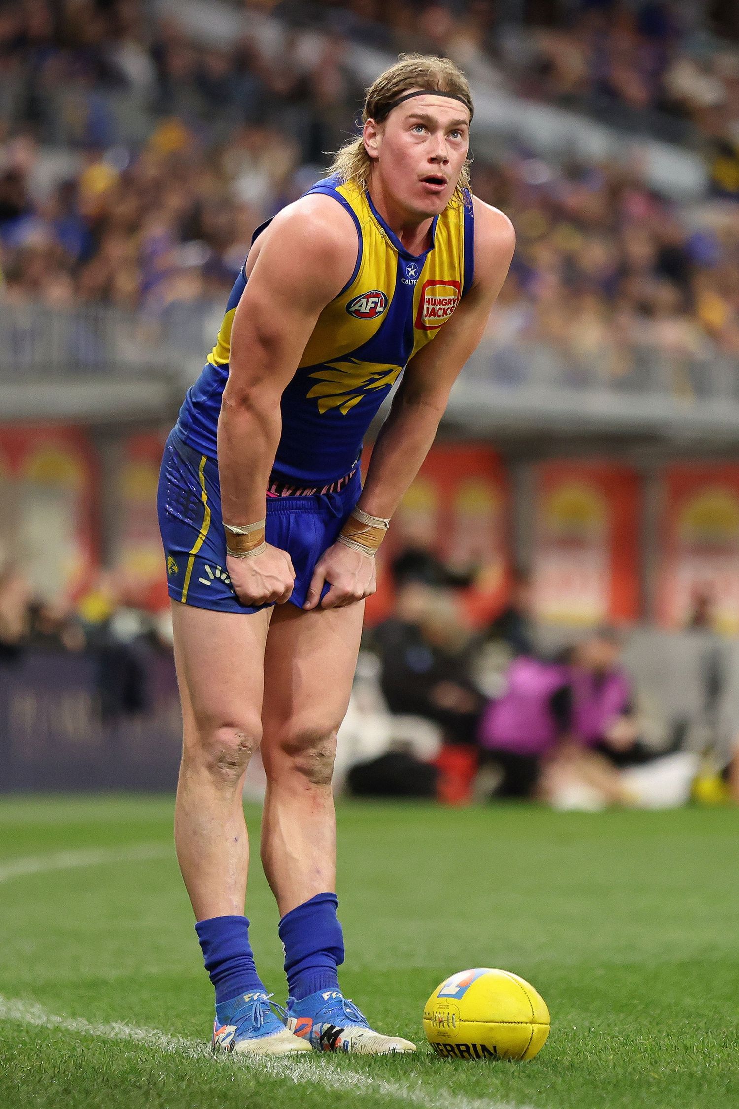 AFL football player in West Coast Eagles uniform prepares to kick ball during match at stadium.