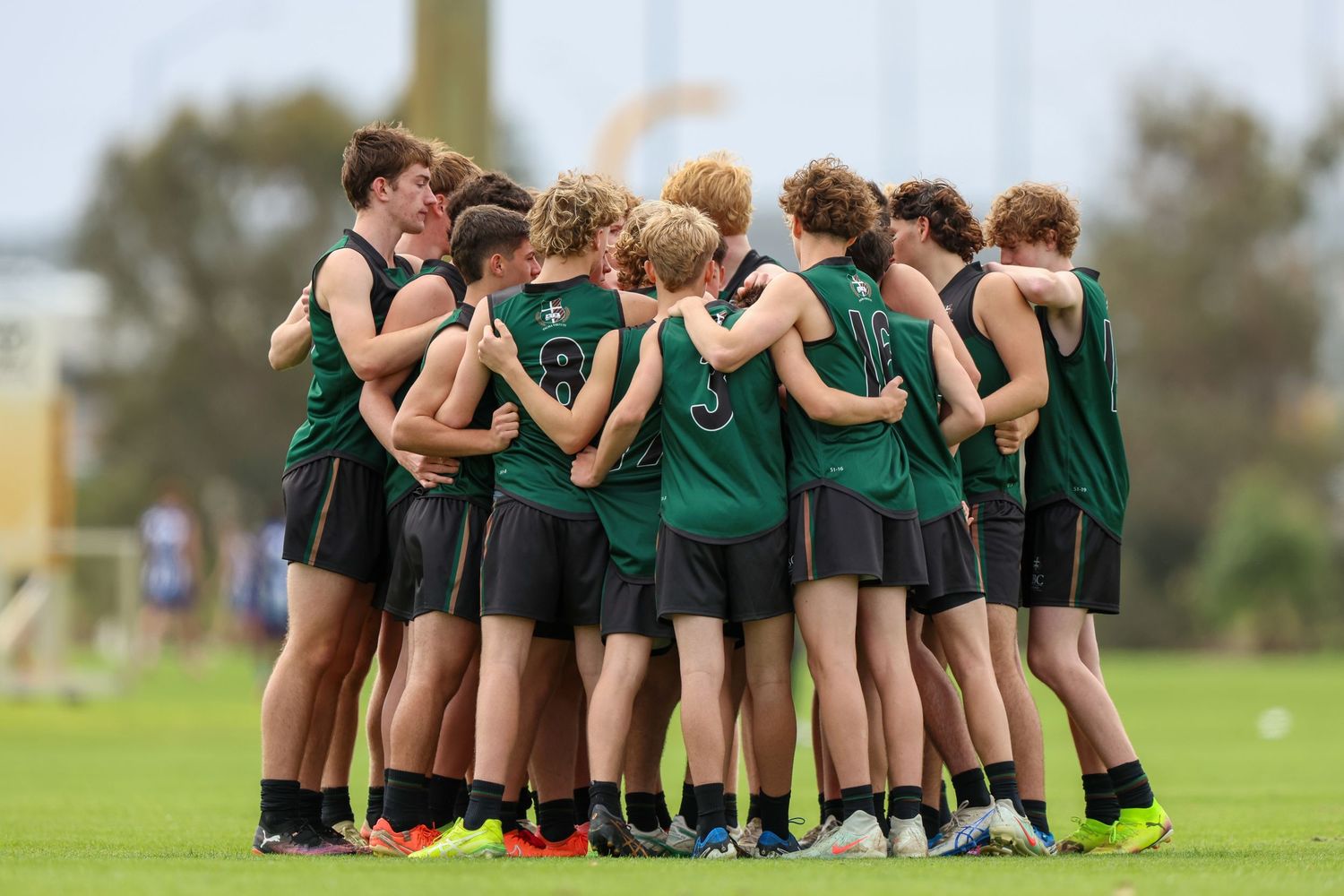 Football team huddles together on green grass field in preparation for a game.