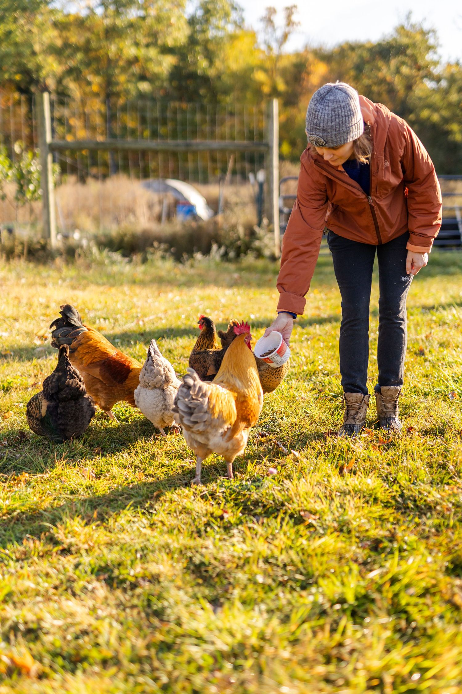 Woman in orange jacket feeding chickens on a sunny farm with autumn foliage in the background.