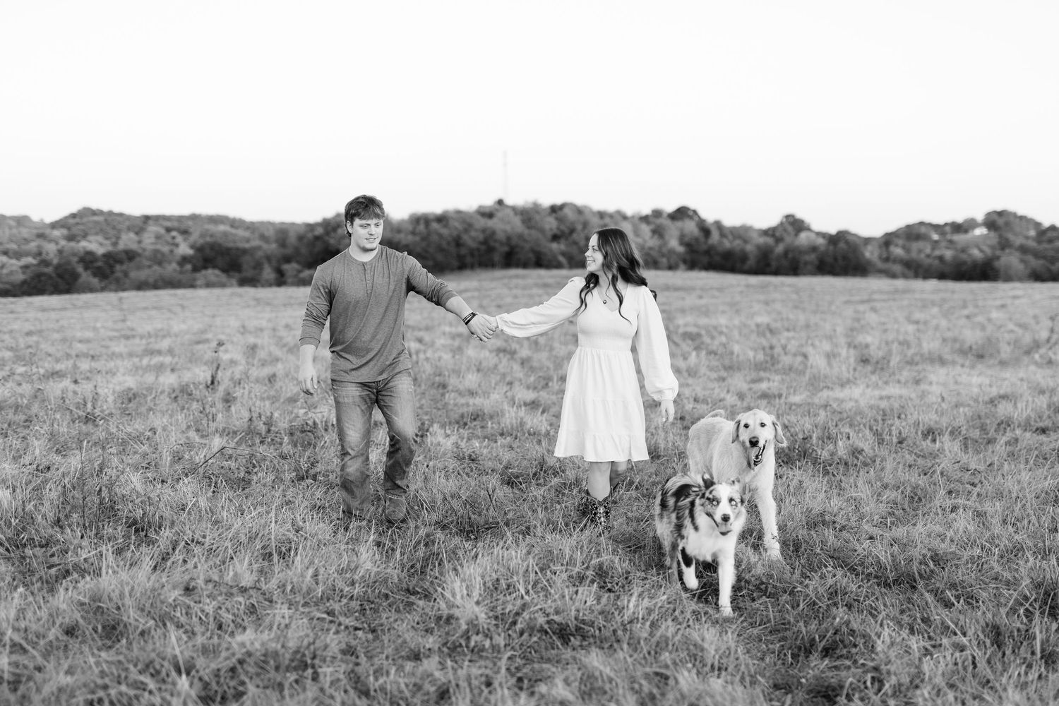 Black and white photo of a couple holding hands walking through a field with two dogs on a cloudy day.