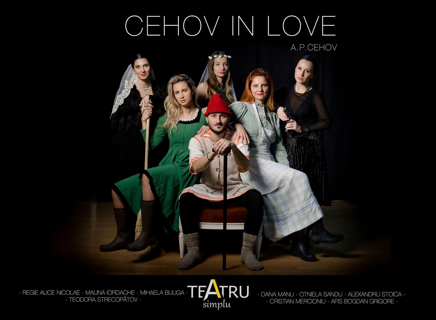Promotional poster for Cehov in Love, a theatrical production by A.P. Cehov, featuring cast members in dramatic poses.