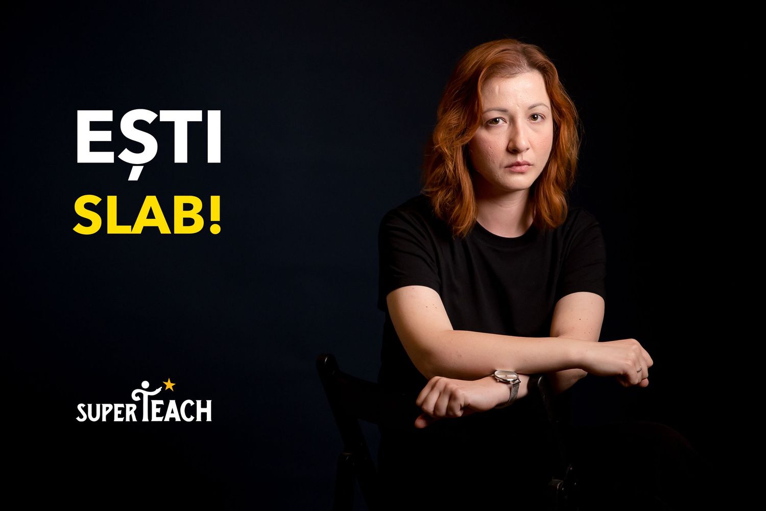 Young woman in black t-shirt sits confidently with text 'Esti Slab!' and SuperTeach logo on dark background.