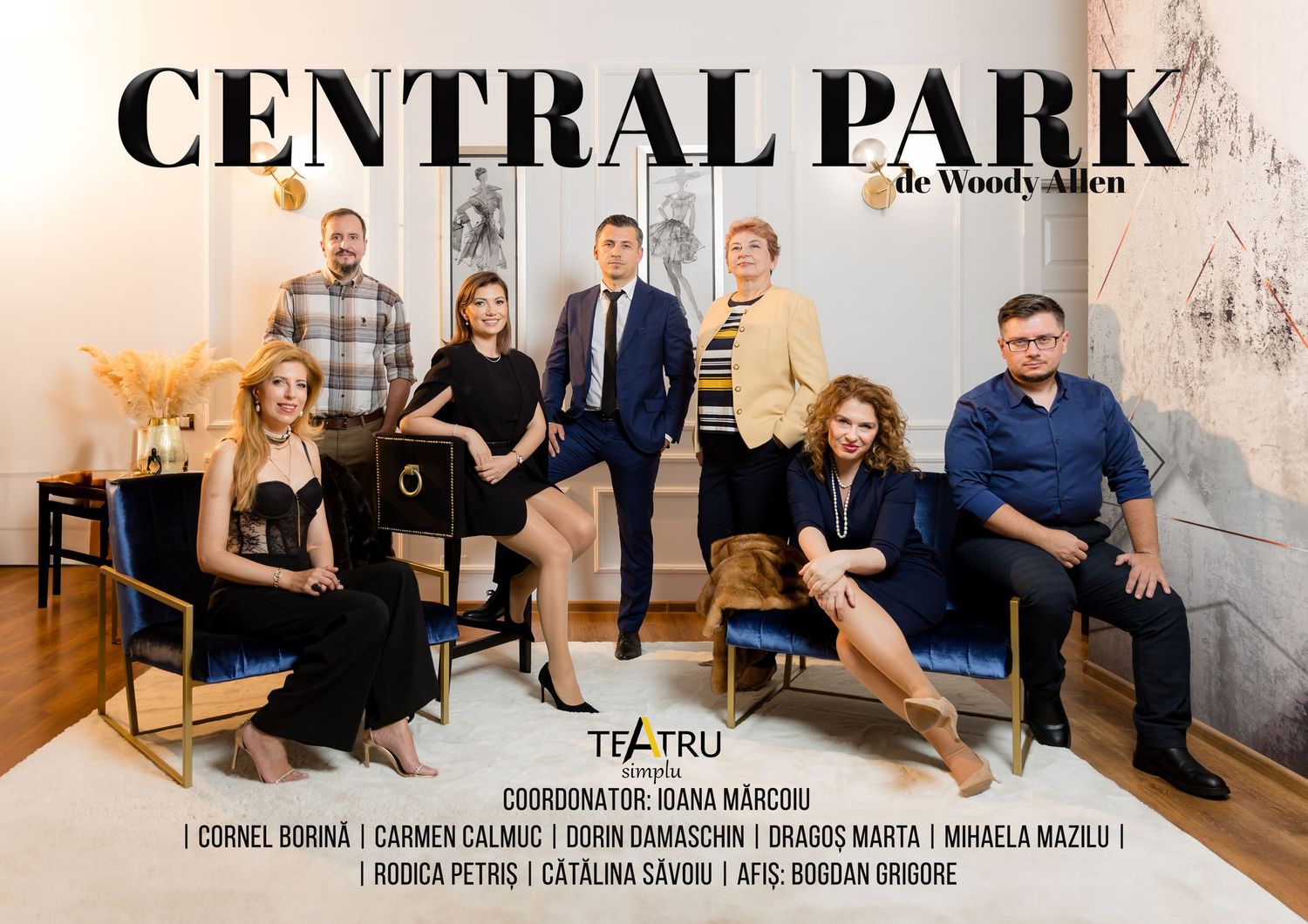 Promotional poster for Central Park by Woody Allen featuring a group of elegantly dressed theater actors posing together.