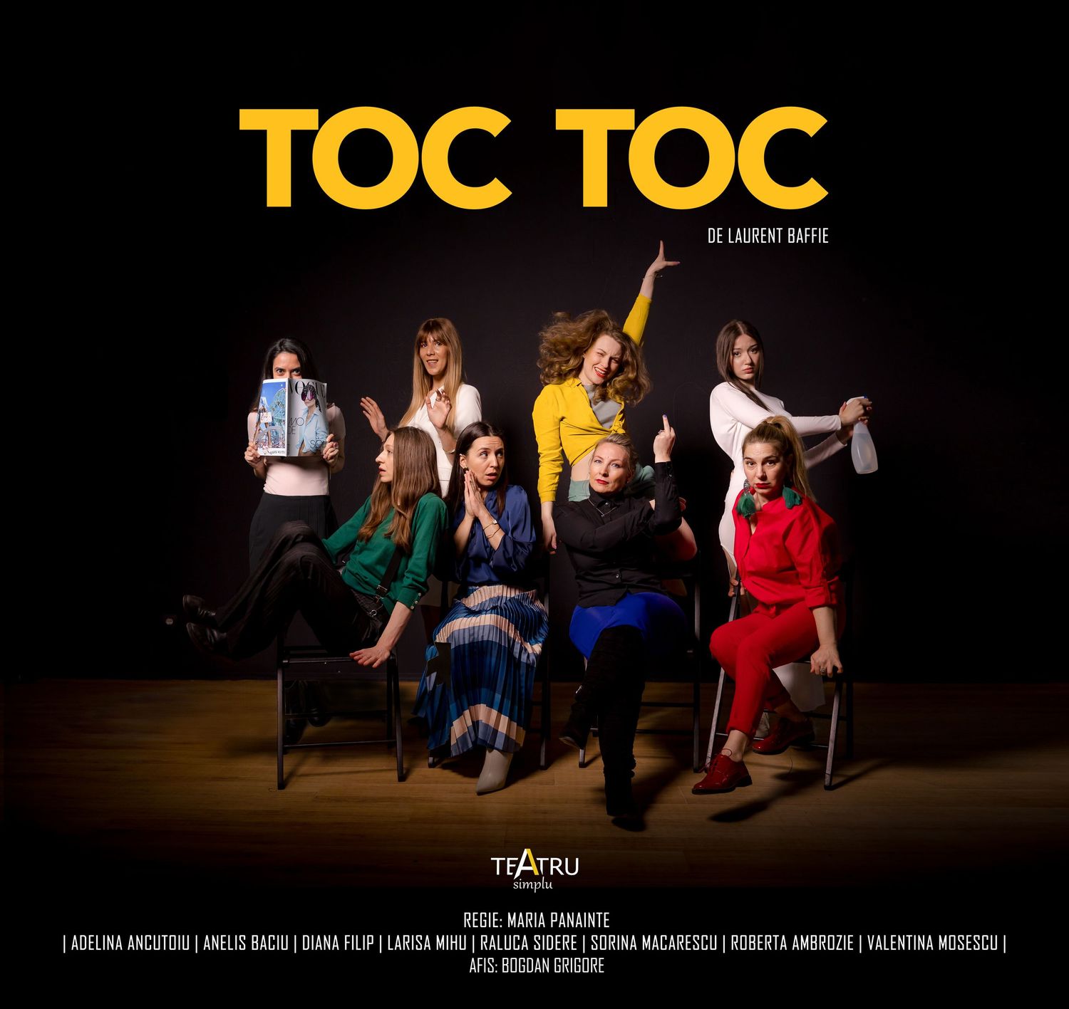 Promotional poster for Toc Toc theater play by Laurent Baffie featuring seven actresses posing dynamically against a white background.