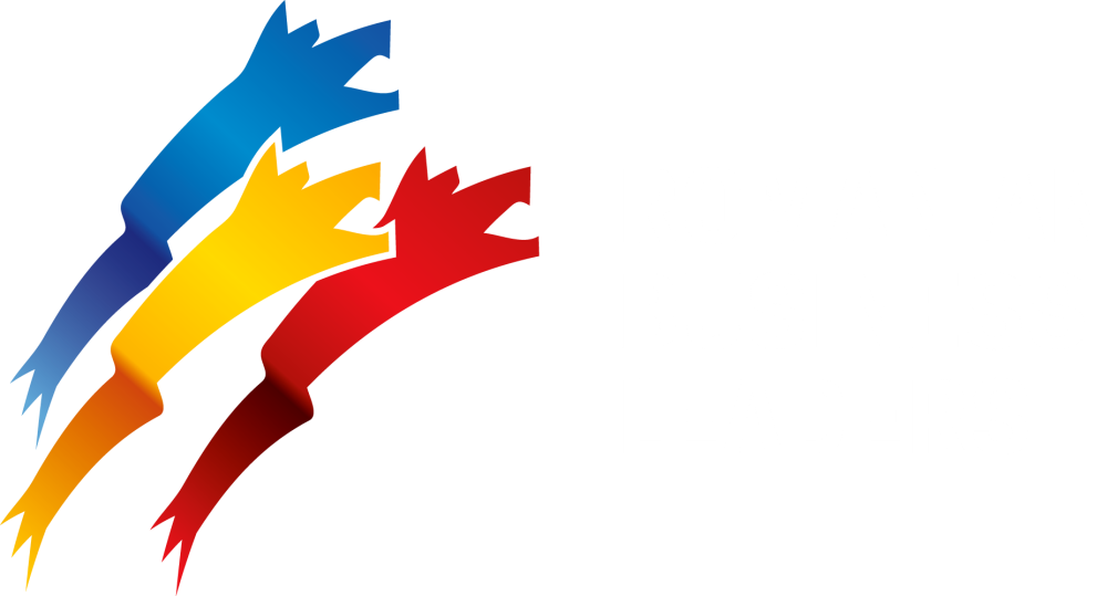Three overlapping ribbon shapes in blue, yellow, and red forming a dynamic abstract design.