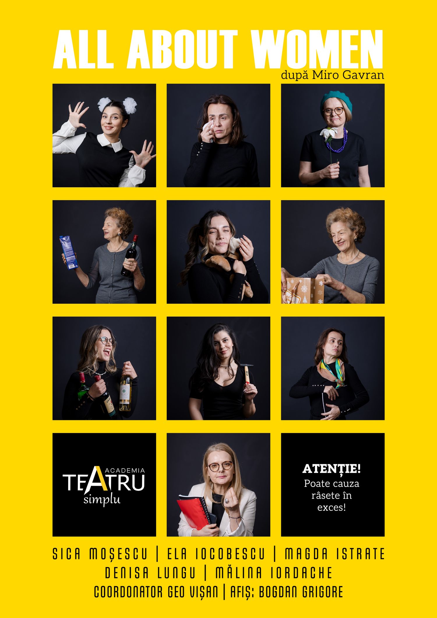 Yellow poster for All About Women theater show featuring nine women in dramatic poses, directed by Miro Gavran.
