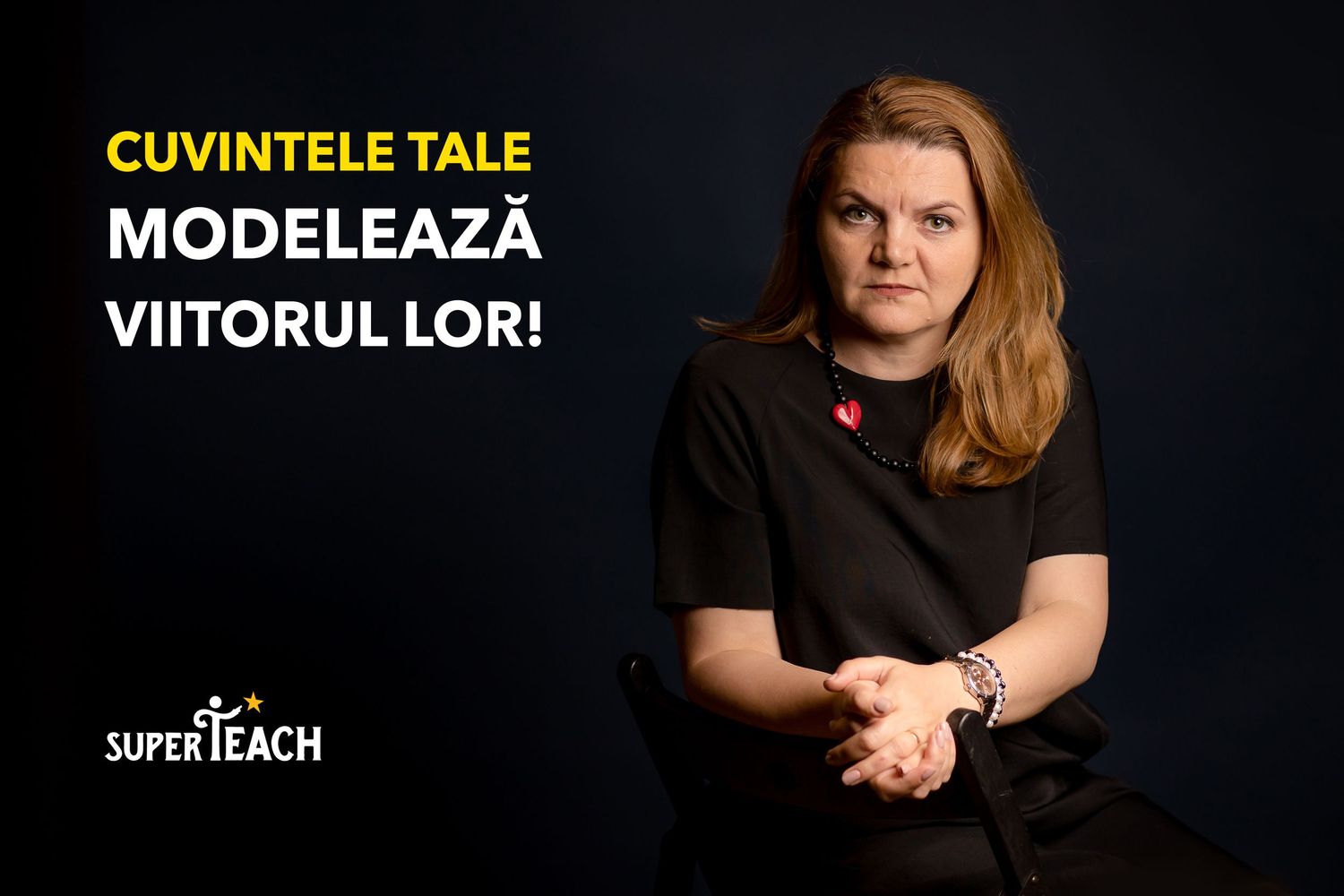 Woman in black shirt sits confidently beside SuperTeach motivational text about shaping the future with your words.