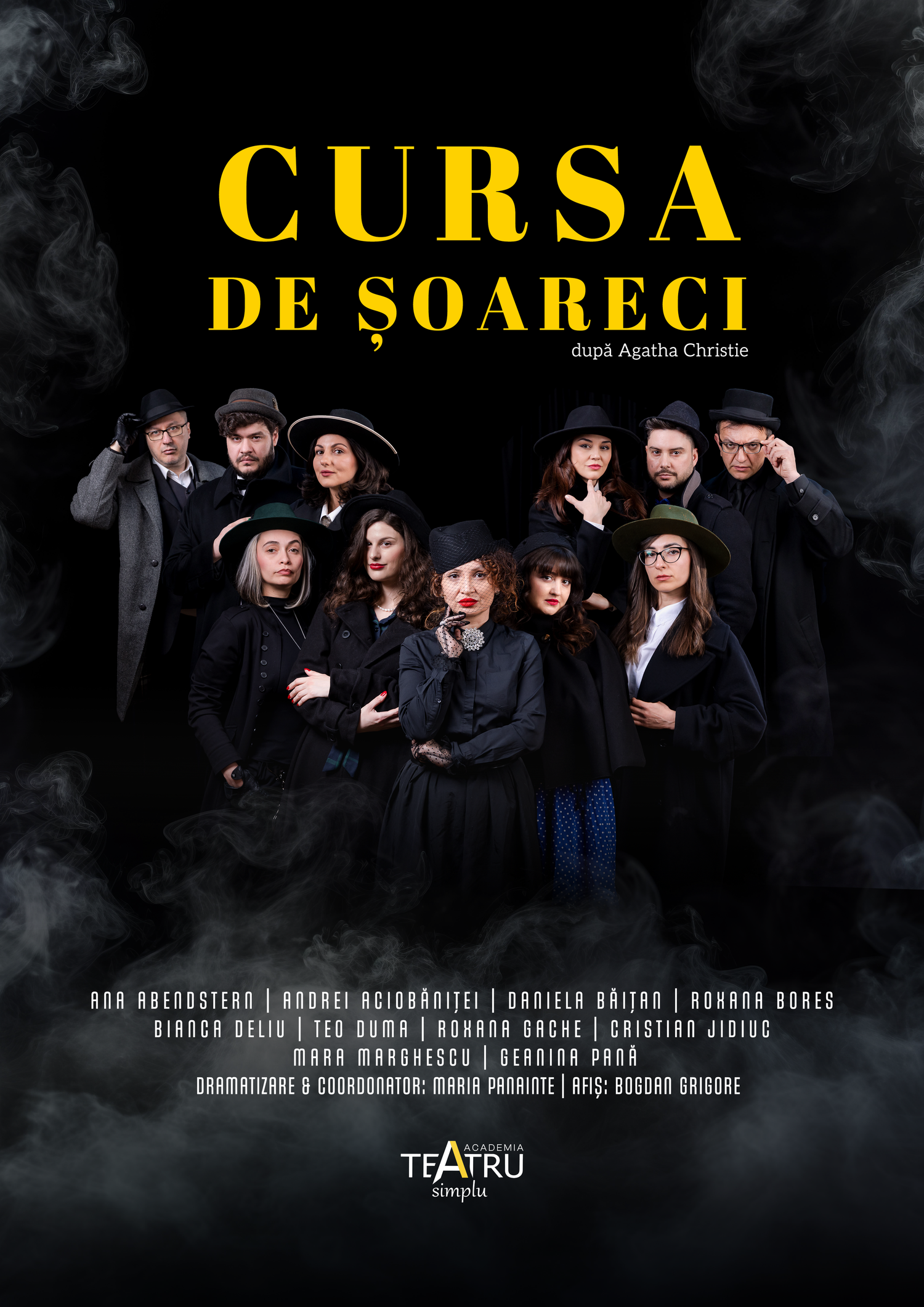 Theatrical poster for Cursa de Soareci, based on Agatha Christie, featuring a dramatic cast in black costumes with bold yellow title.