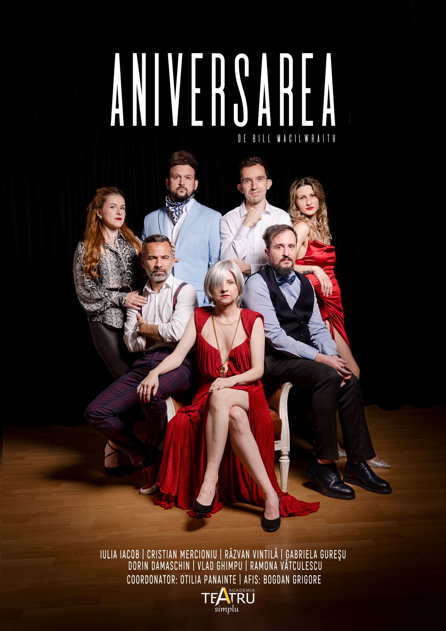 Theatrical poster for Aniversarea by Bill MacIlwraith featuring an ensemble cast in elegant formal attire.