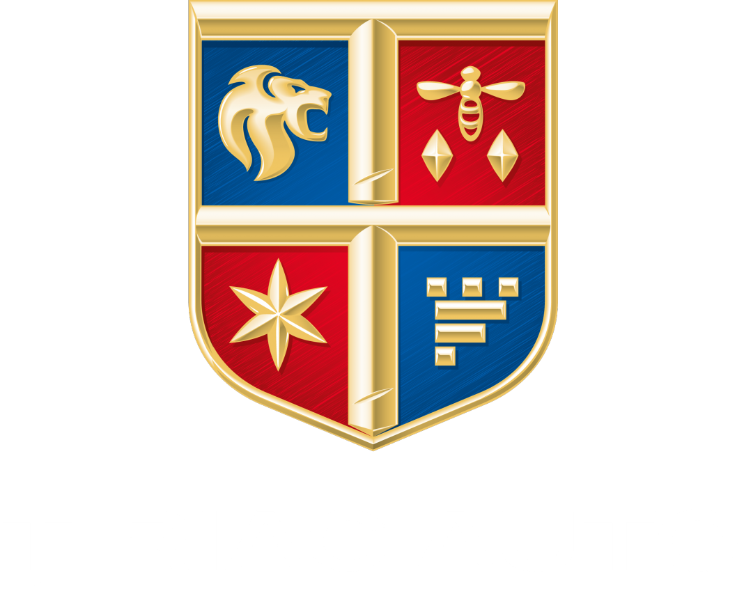 Heraldic shield crest with lion, bee, star, and castle symbols in blue, red, and gold.