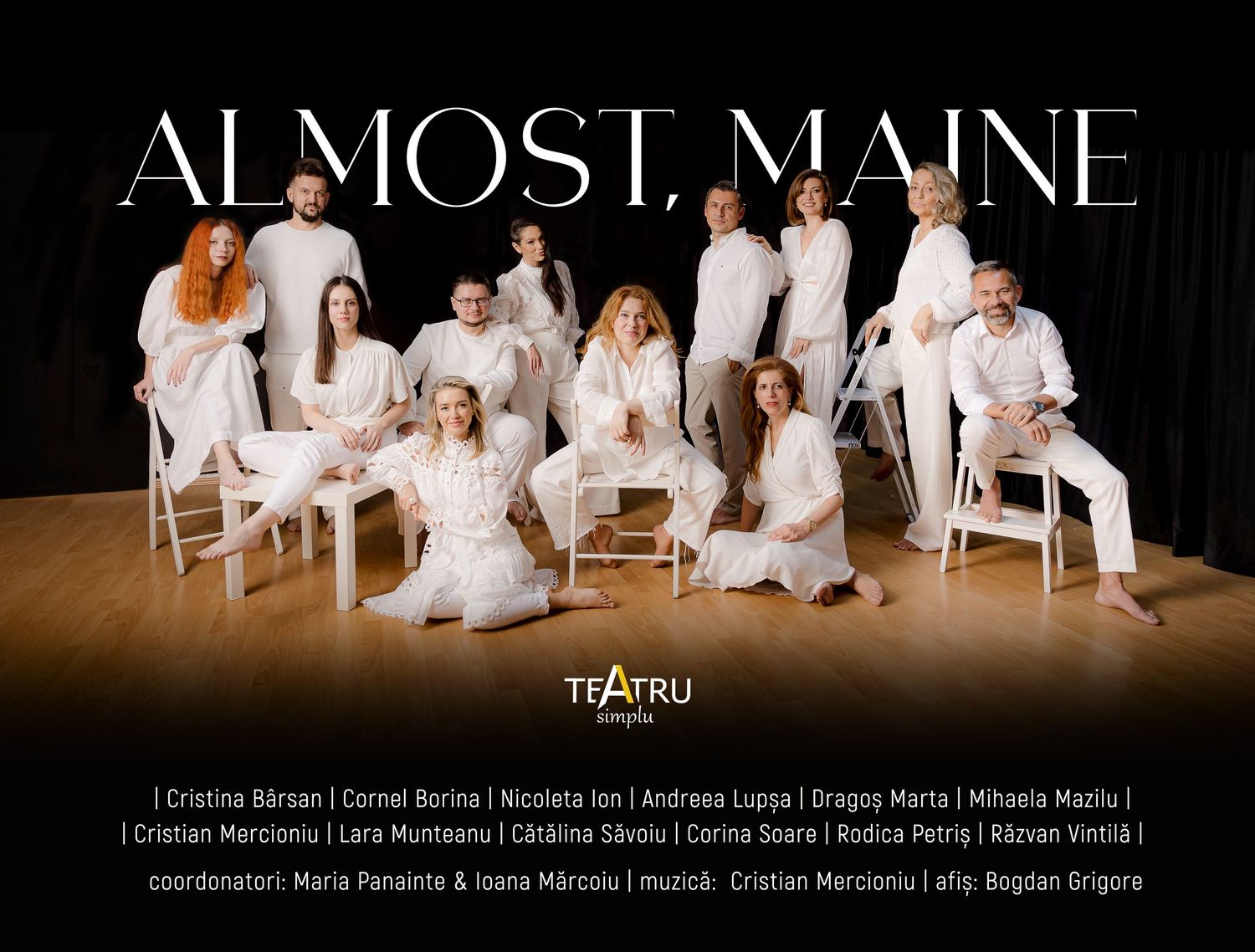 Almost Maine theater production poster showing a large ensemble cast in white outfits posed together on stage.