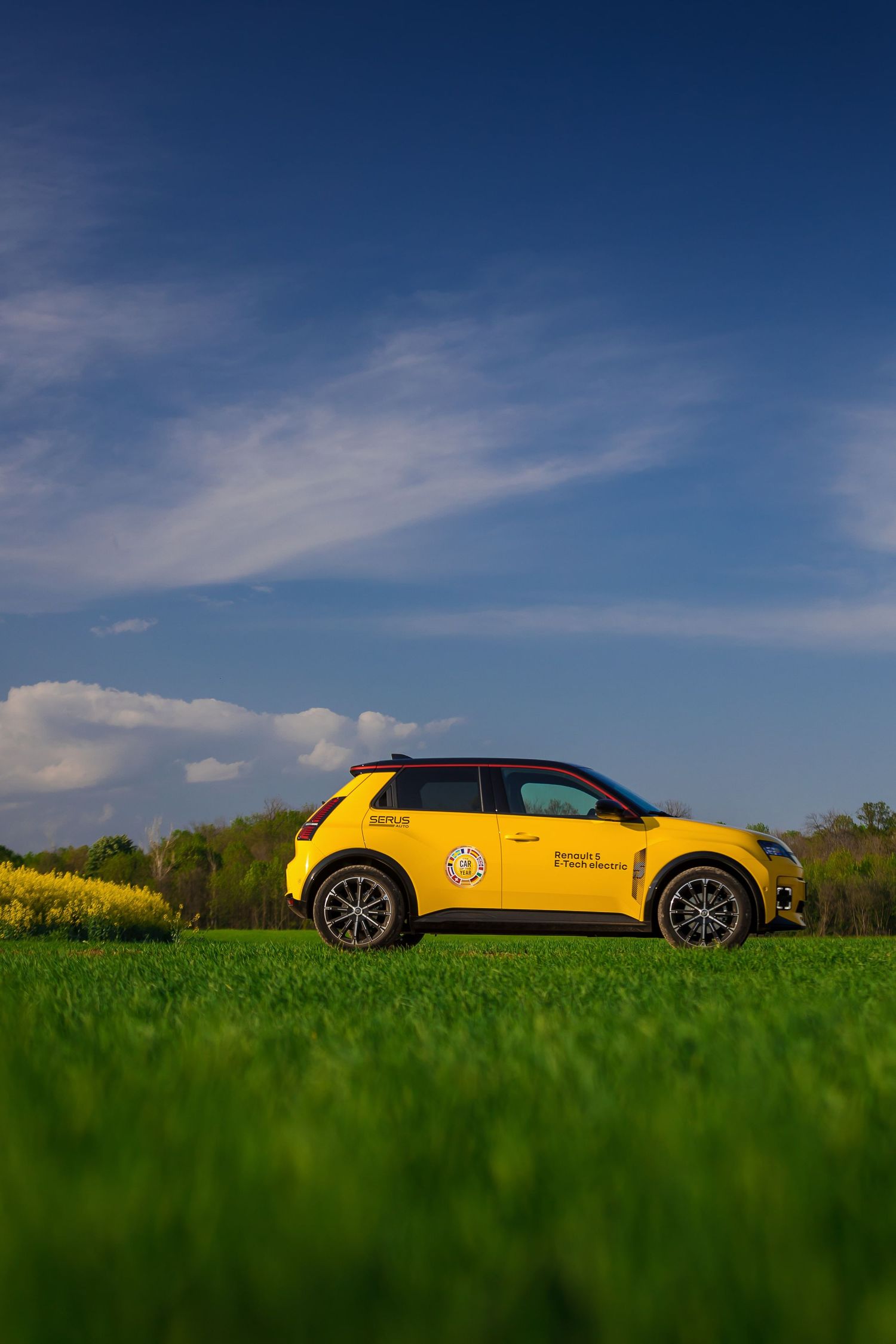 Yellow compact car parked on lush green field under vibrant blue sky with scattered clouds on sunny day.