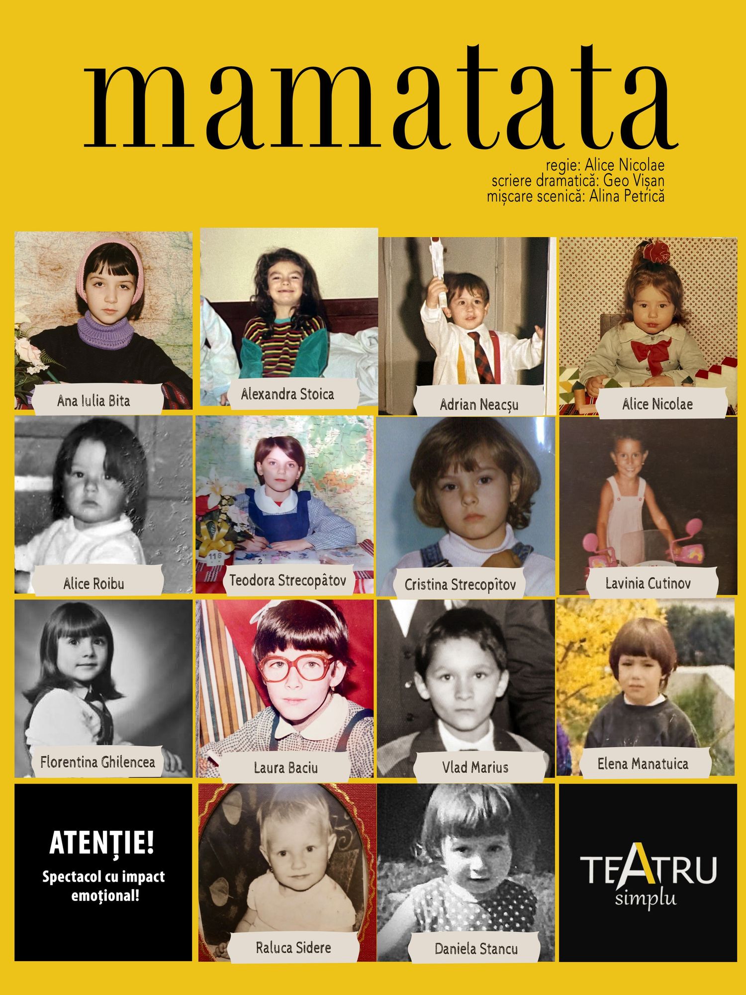 Mamatata theater show poster featuring childhood photos of cast members with yellow and white design.