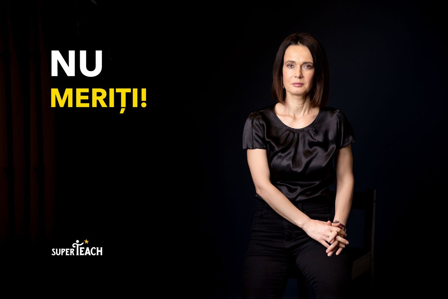 Woman in black outfit seated against dark background with bold text NU MERITI and SuperTeach logo.