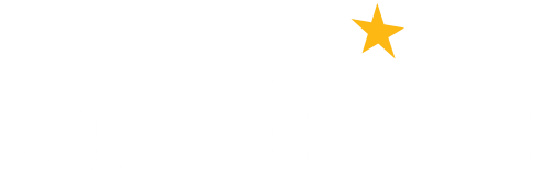 Minimalist white logo with a gold star accent on a transparent background.