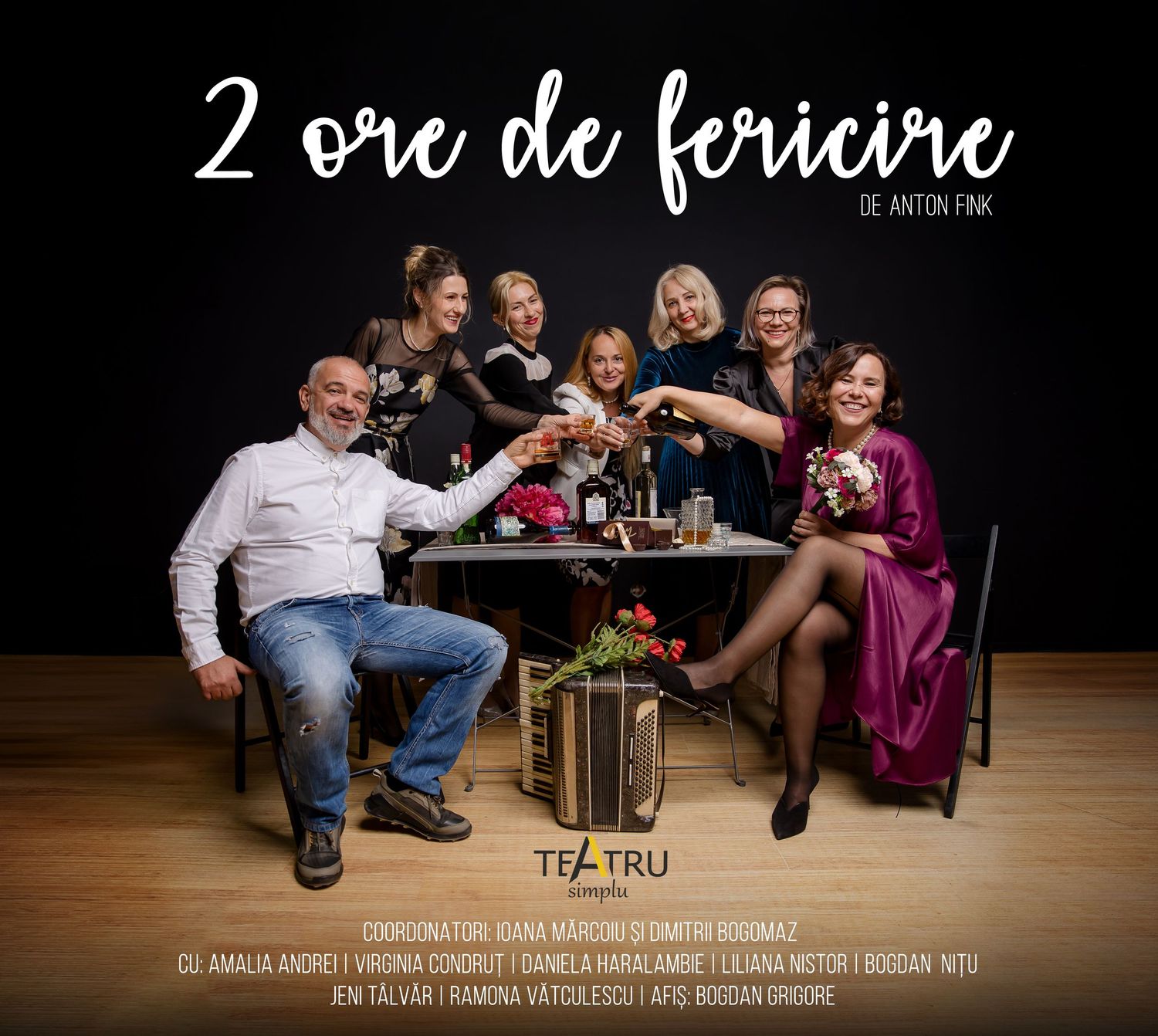 Promotional poster for '2 Ore de Fericire' theater play featuring cast members posing together in elegant attire.