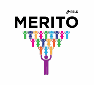 Merito RBLS leadership program logo featuring multicolored people icons in pyramid arrangement.
