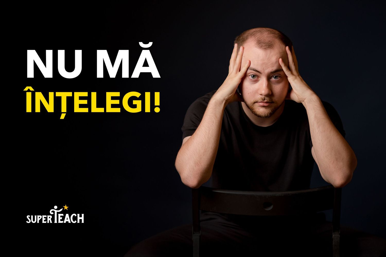Man holding his head in frustration with Romanian text Nu Ma Intelegi meaning You Don't Understand Me by SuperTeach.