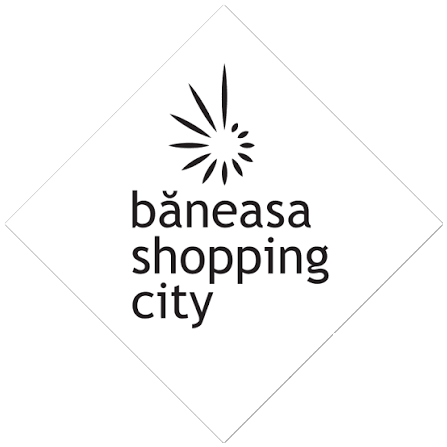Baneasa Shopping City logo in black on white diamond shape with starburst icon above the text.