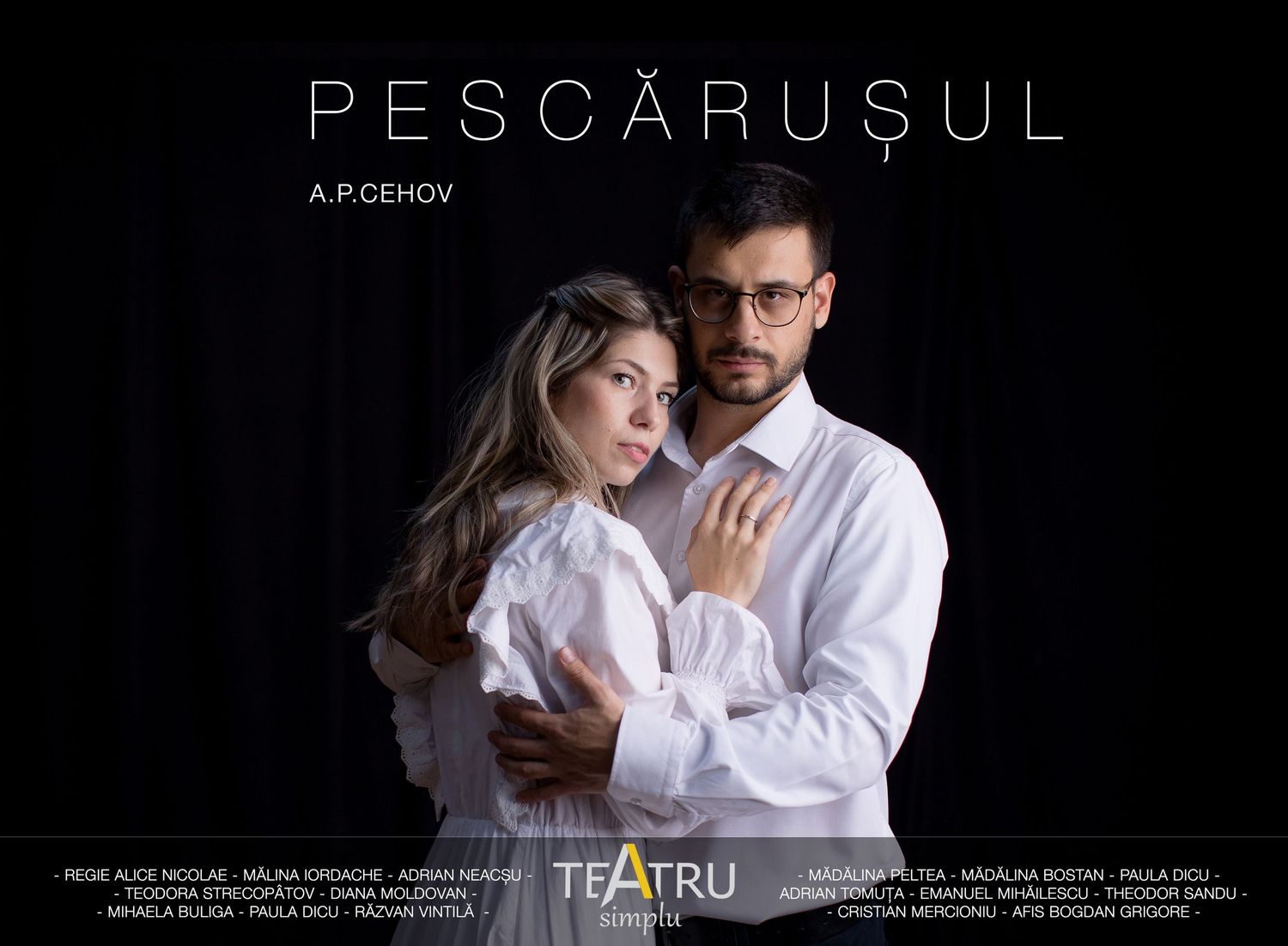 Pescărușul A.P. Cehov theater poster featuring two actors in white shirts posed dramatically against a dark background.