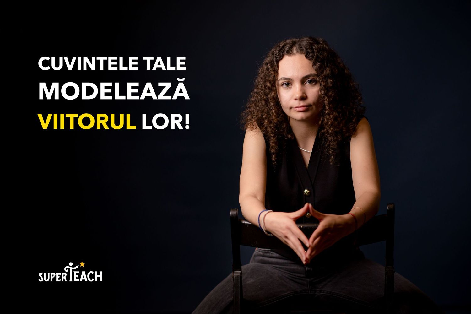 Young woman sitting on chair with Romanian text about shaping futures, SuperTeach educational platform ad.