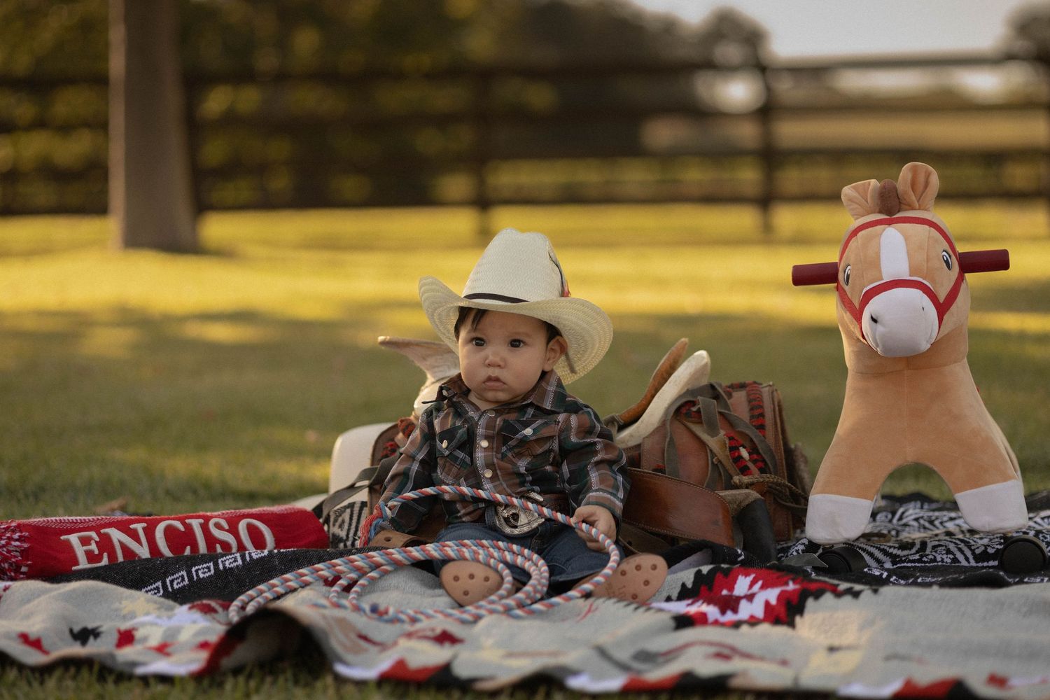 picture depicting child sitting in grass during golden hour with a cowboy theme decorations