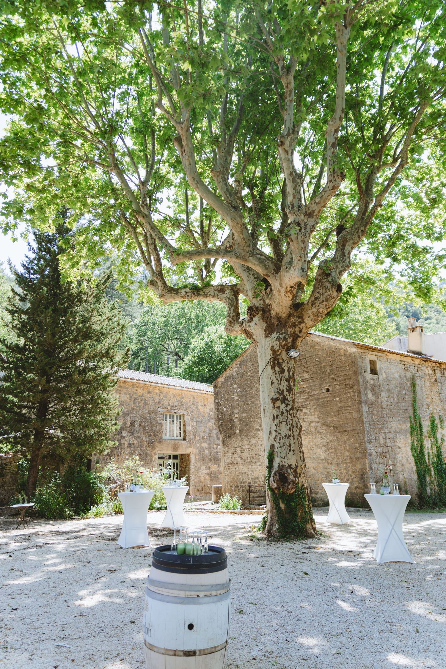 Elégante cour intérieure avec un grand platane, des tables de coktails blanches. Cour de Montrieux le hameau. Maureen Bouchard photographe