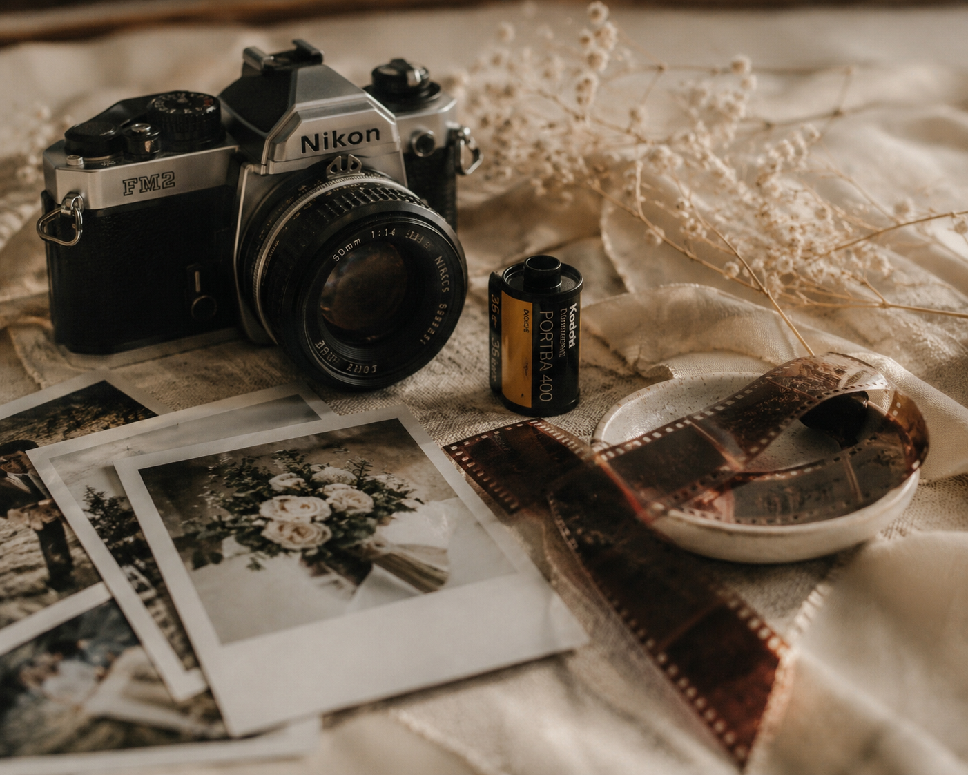 Nikon film camera, polaroid wedding photos, film strip, and dried flowers arranged on a linen surface.