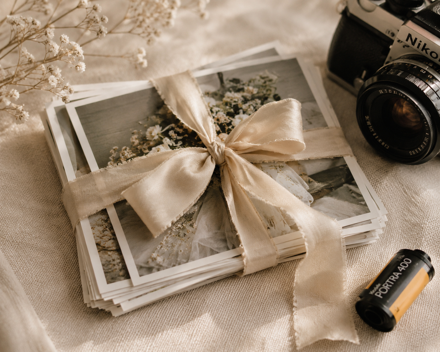 Stack of wedding photos tied with silk ribbon bow next to Nikon film camera and roll of film.