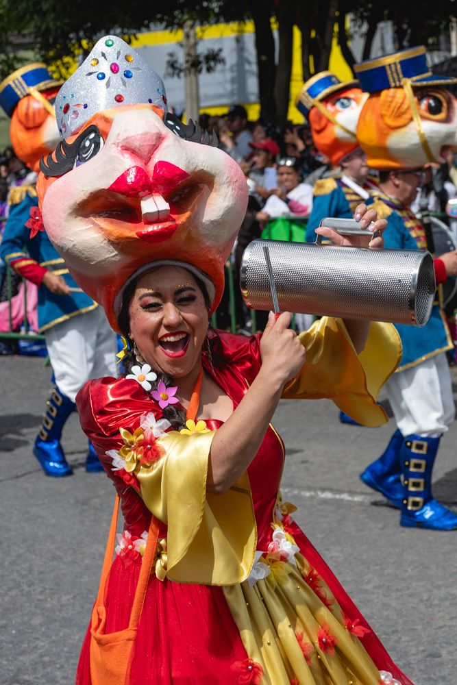 A woman in carnival clothing playing an instrument and smiling to the crowds.