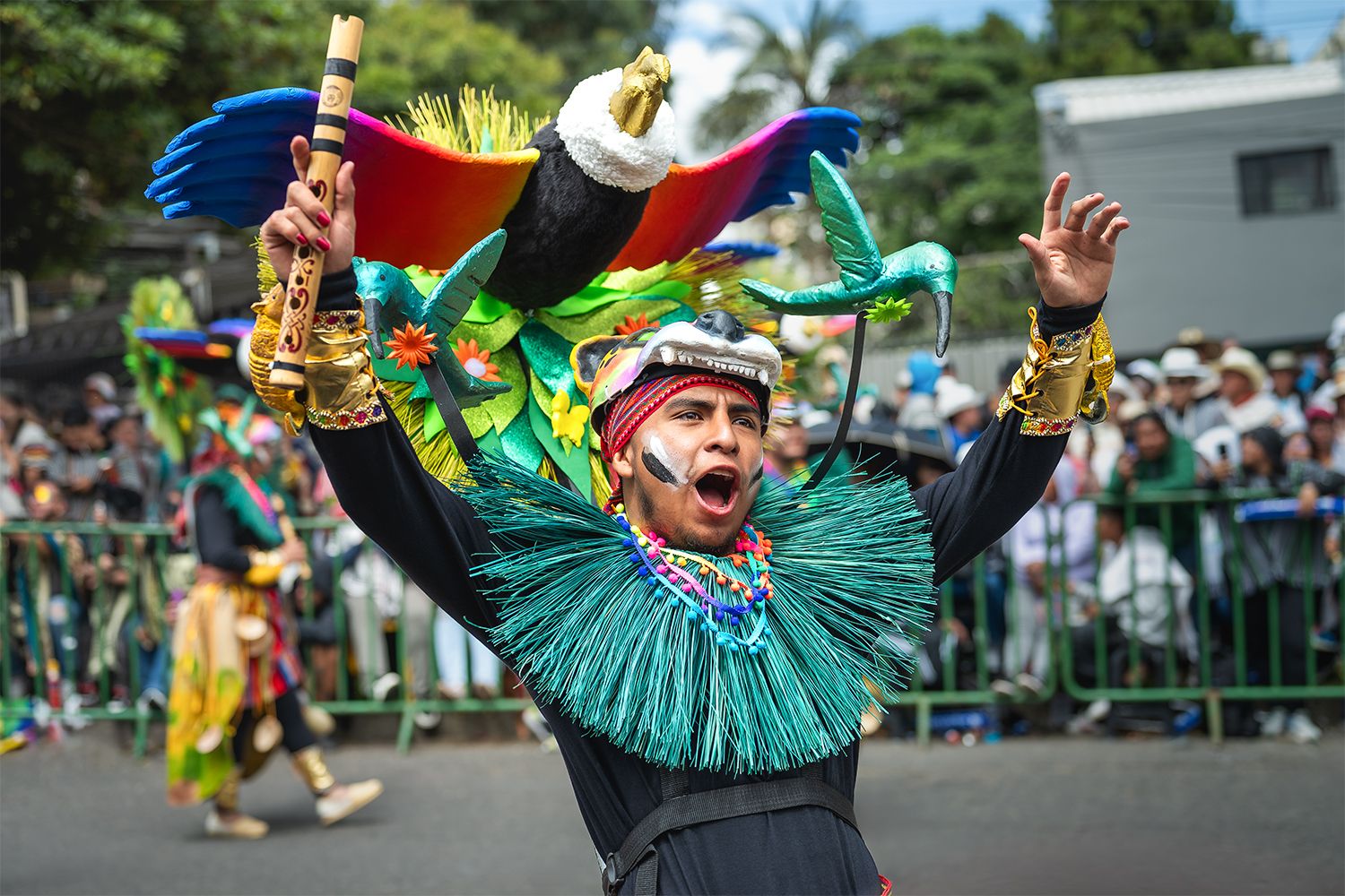 A participant of the carnival engaging the crowd.