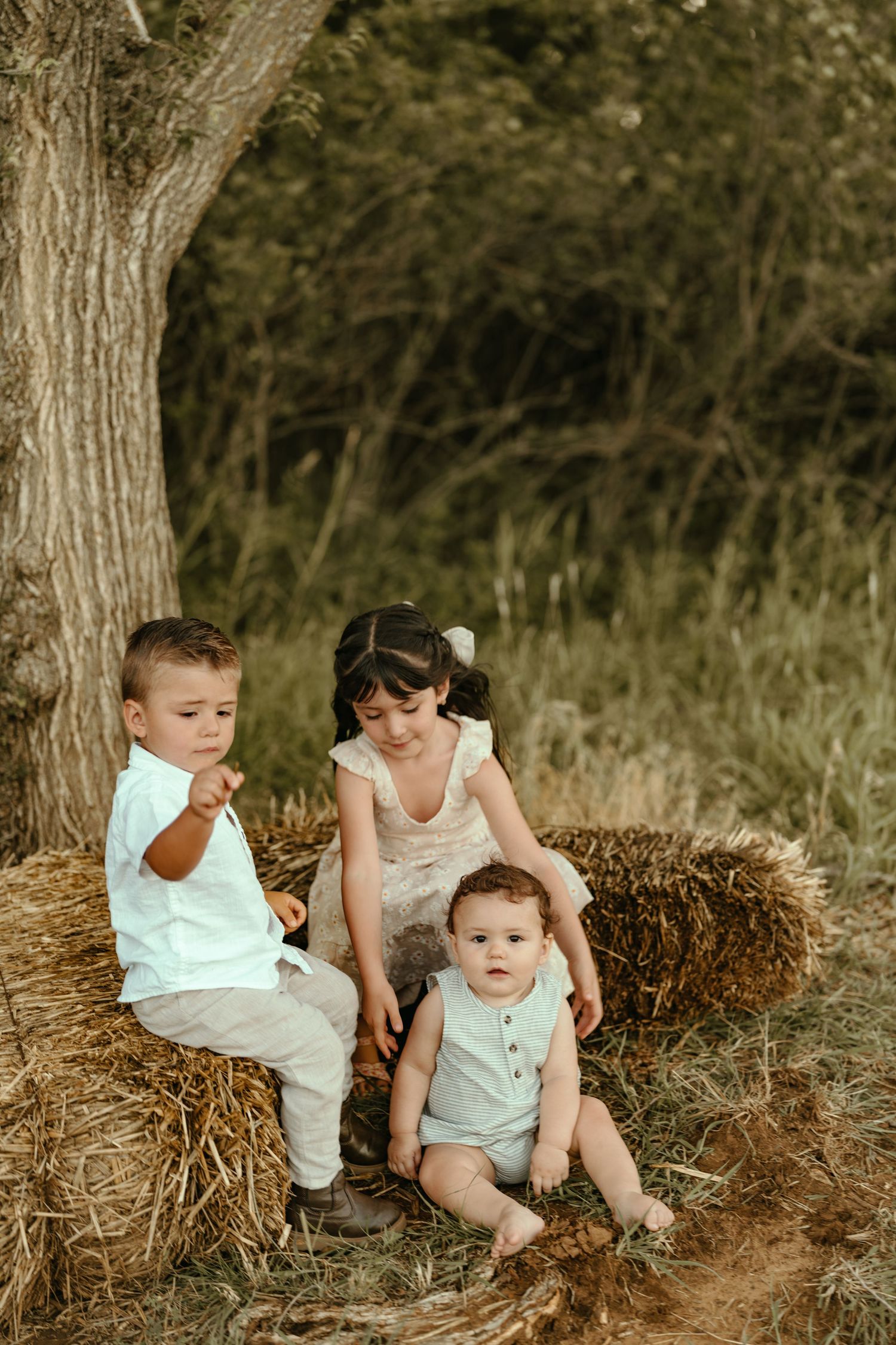 Three young siblings in coordinating white outfits pose together on rustic hay bales near a tree.