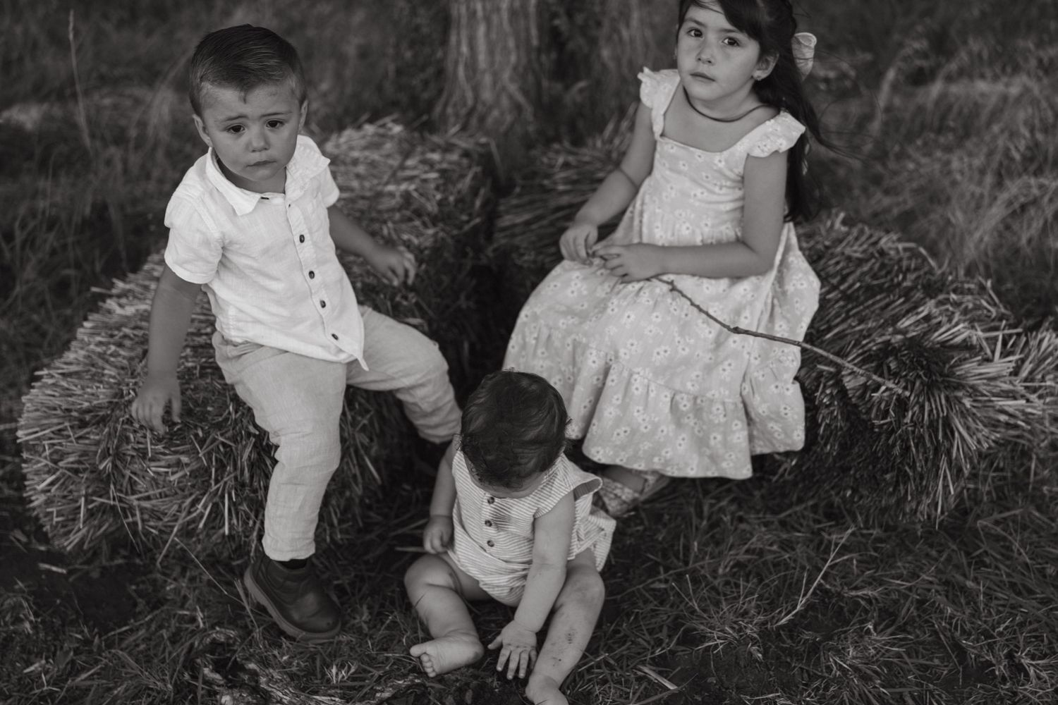 Three children pose on hay bales in a rustic outdoor setting in this black and white portrait photo.