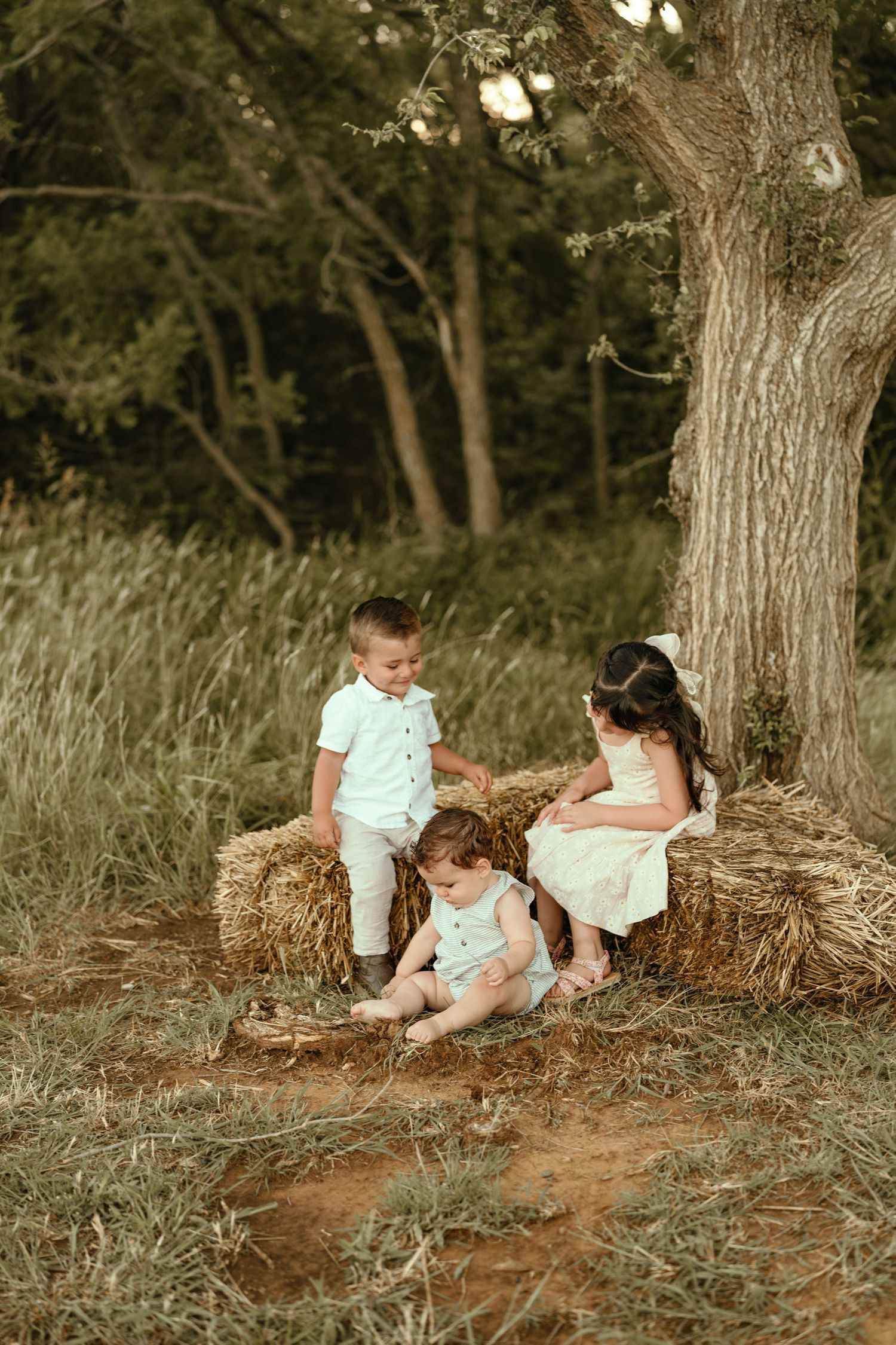 Three young children in white outfits sit on hay bales near a large tree in a sunny field.