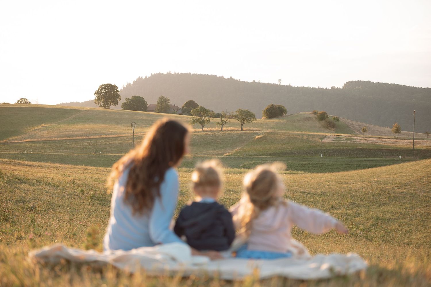 Mother sitting with two young children on a blanket in a golden field at sunset, rear view.